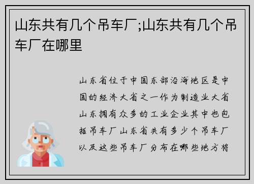 山东共有几个吊车厂;山东共有几个吊车厂在哪里